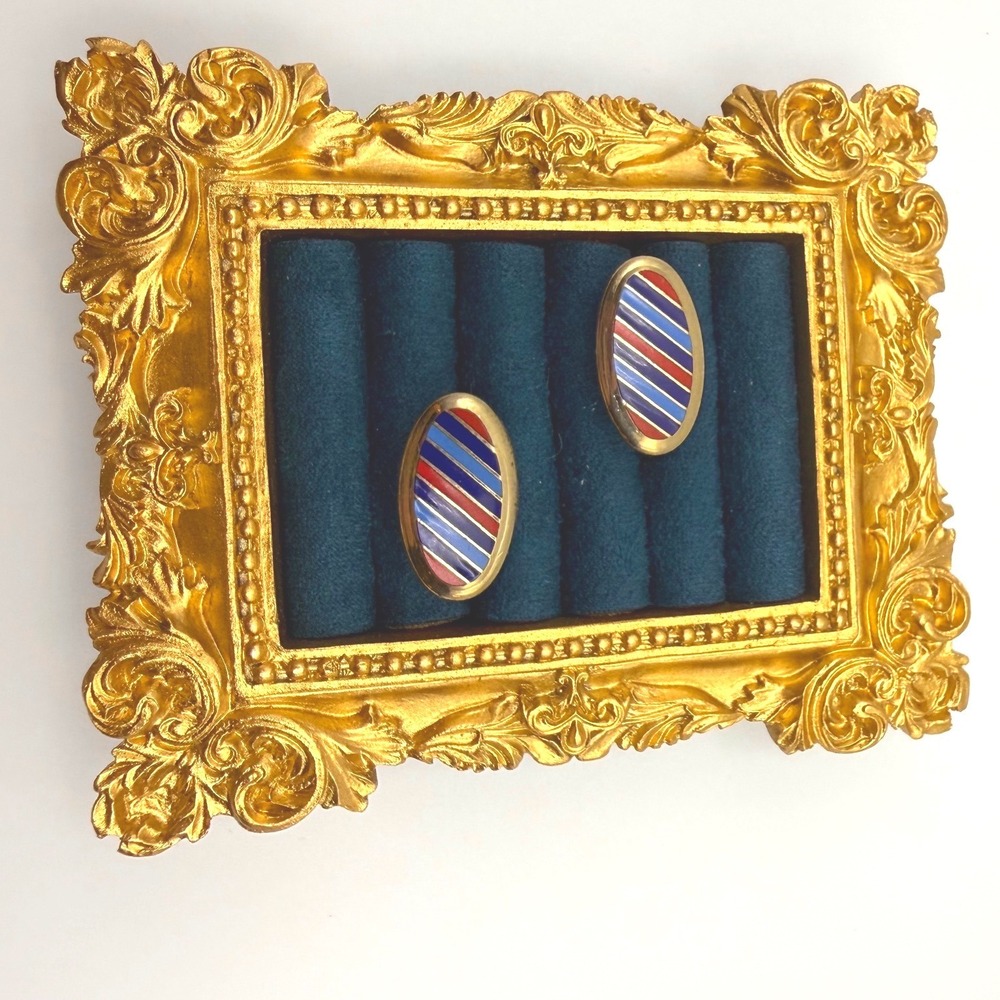 Swank Cufflinks OS Vintage Gold Tone Enamel Striped Oval Preppy Dapper Classic